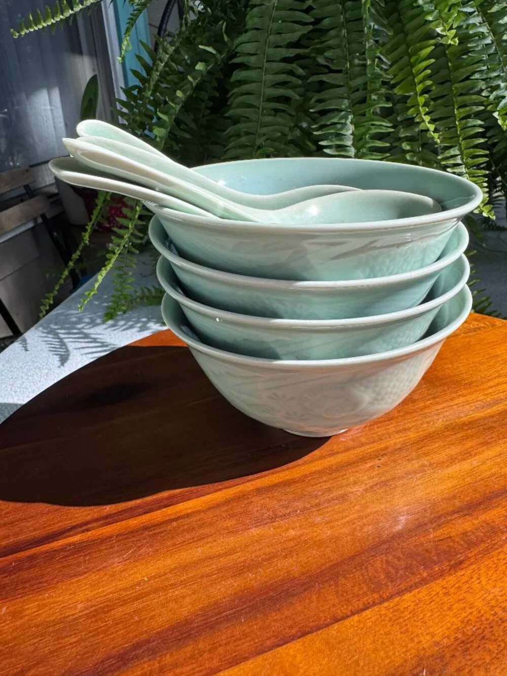 Vintage Longquan Celadon Koi Fish Bowl Green Porcelain Rice Soup Bowl with Spoon
